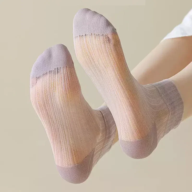 

Summer Breathable Women Socks Hollow Out Mesh Thin Low Cut Ankle Socks Fashion Solid Color Black White Gray Ice Silk Short Socks