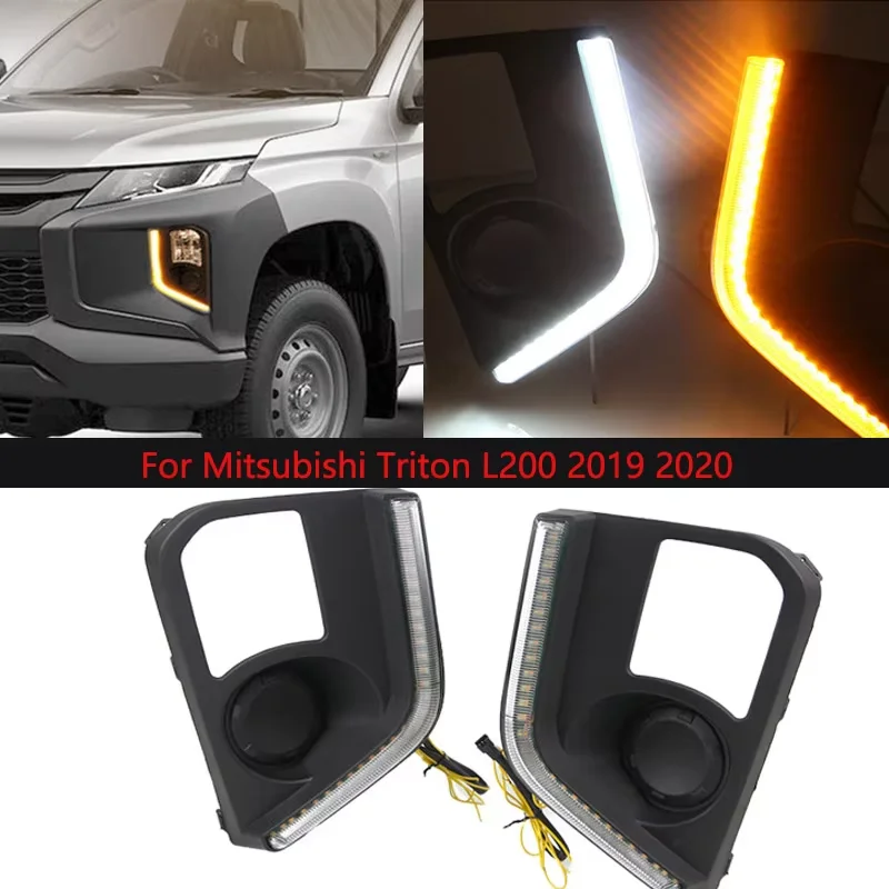 

2 PSC For Mitsubishi Triton L200 2017 2018 2019 LED DRL Daytime Running Lights Led Fog Light Cover with Yellow Turn Signal Lamp