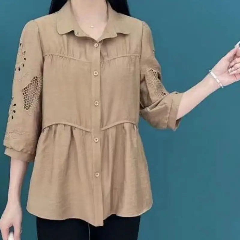 Commute Embroidery Hollow Out Shirt Spring Autumn Casual 3/4 Sleeve Female Clothing Single-breasted Fashion Spliced Loose Blouse