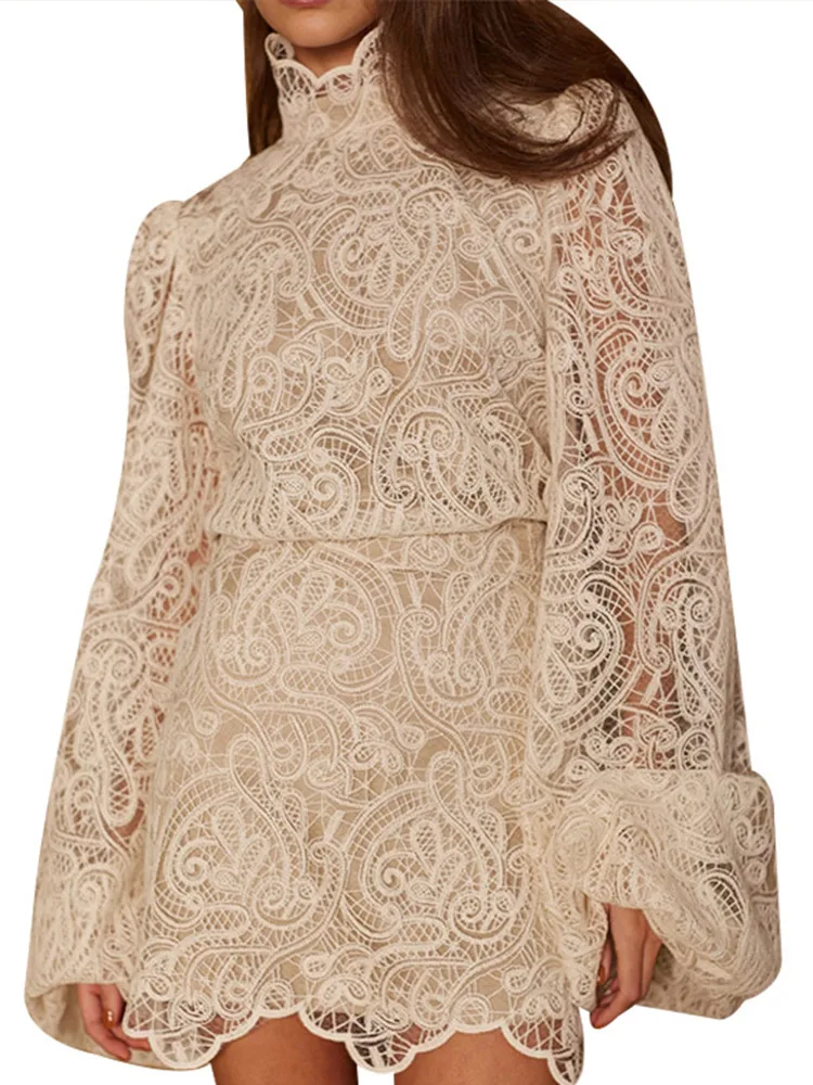 Elegante pizzo retrò scava fuori top da donna gonne set moda girocollo manica a sbuffo top donna nuovo set gonna corta slim fit