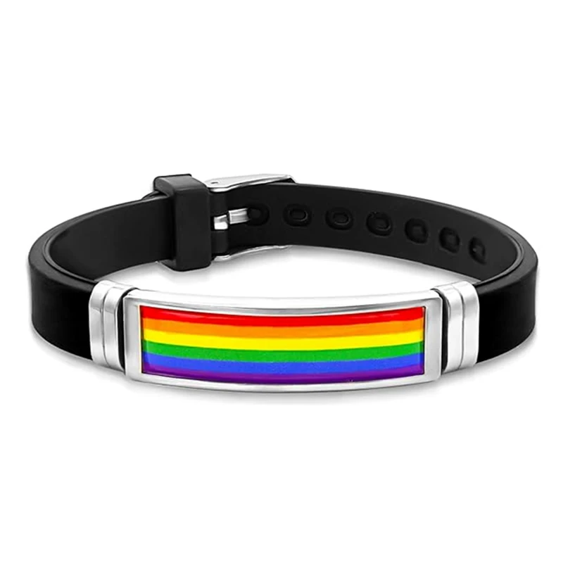 LGBT Pride Bracelet Jewelry Epoxy Rainbow Flag Stainless Steel Silicone Bracelets For Women Men