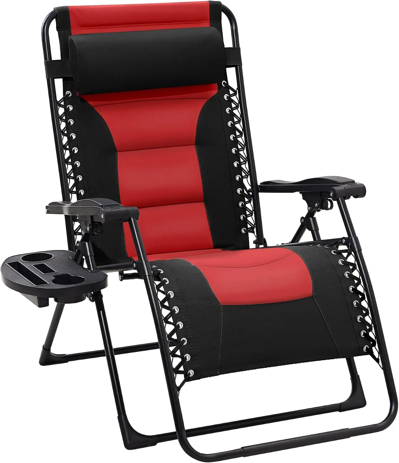 Oversized Padded Zero Gravity Chair Folding Outdoor Patio Recliner Anti Gravity Lounge Chair With Headrest Cup Holder Side Tray Polyester Mesh For Backyard Black Red