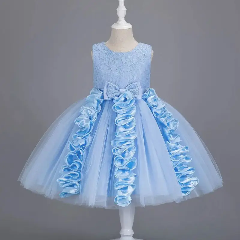 

Elegant Flower Girls Sleeveless Lace Embroidery Bow Tulle Princess Dress For Children Wedding Birthday Party Pageant Formal Gown