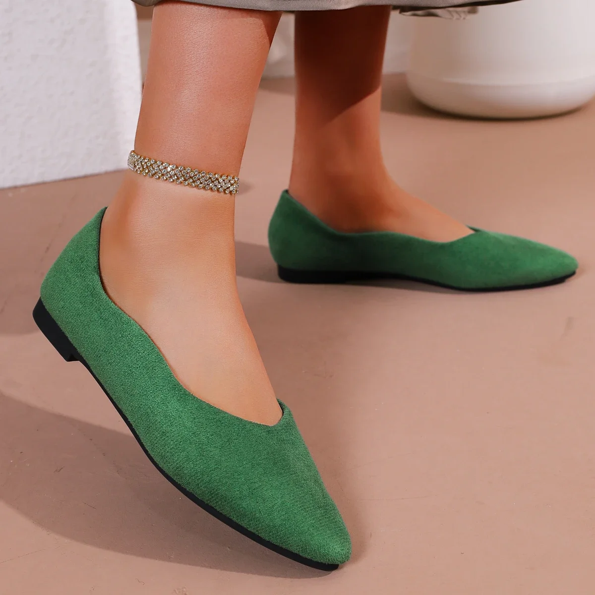 Frühling Herbst Grüne Wildleder Damen-Flachschuhe Modische Spitze Bequeme Rutschfeste Büro-Damenschuhe – Detail 3