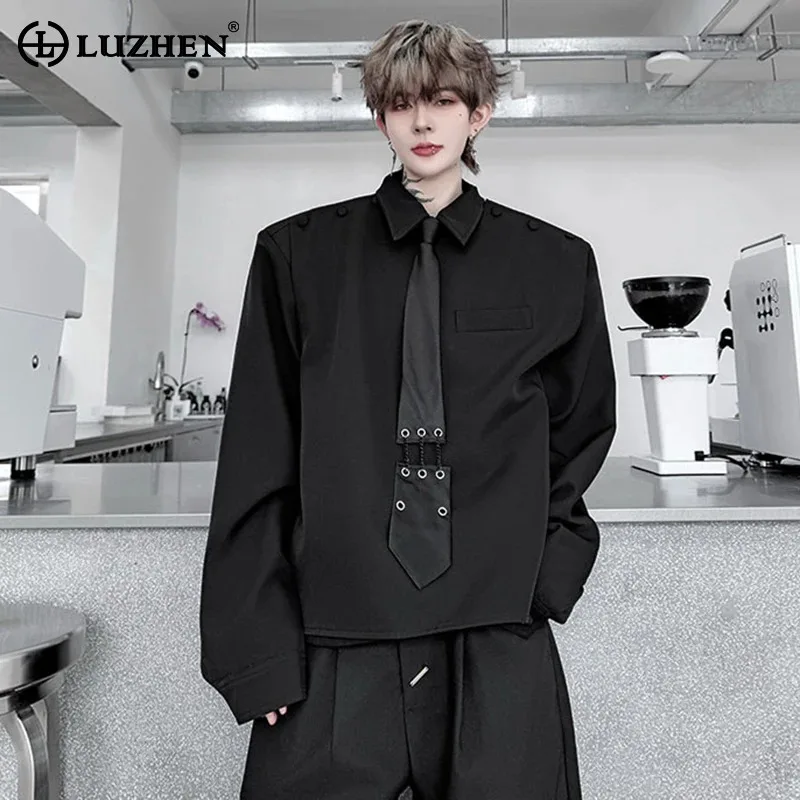 

LUZHEN Original Splicing Fake Two Piece Design Long Sleeve Shirts Men's 2025 Autumn Necktie Decorate Personalized Clothes JY3810