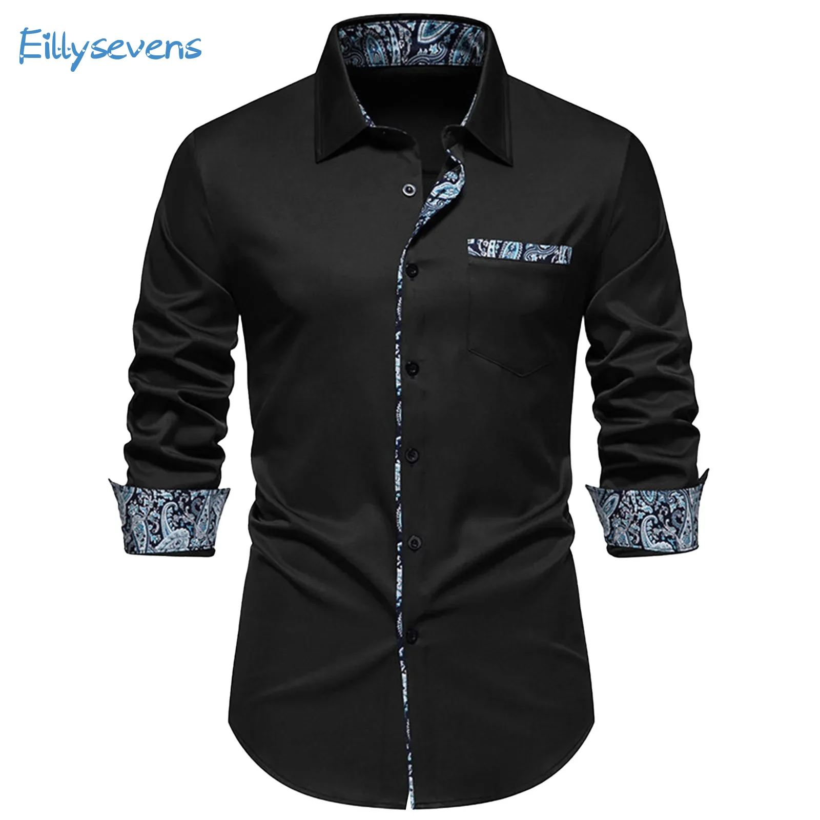 

Men'S Business Casual Shirts Fashion Trend Classic Printed Splicing T-Shirt Slim Fit Long Sleeved Lapel Single-Breasted T-Shirt