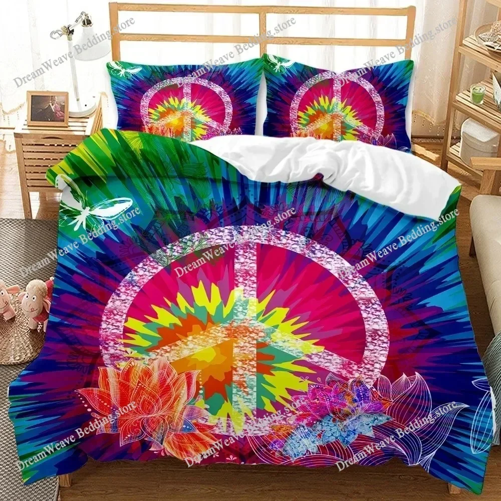 Hippie Peace Art Duvet Cover Set Sign Artwork Bedding Set Comforter Rainbow Polyester Quilt Cover for Kids Boys Girls519