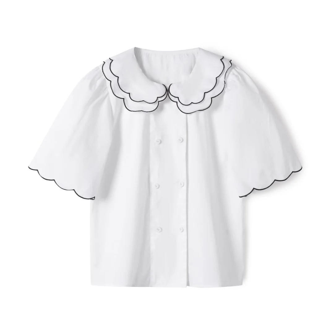 Young Girls Double Breasted Shirt Double Petal Collar High-Quality Fashion Children Short Sleeves Casual Clothing For Kid Girl