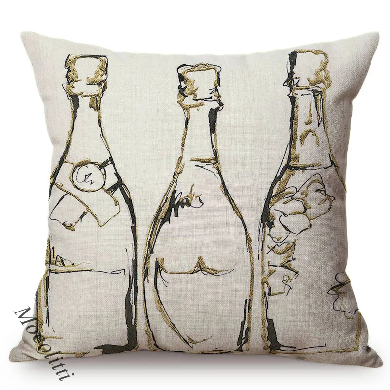European Champagne Bottle Design 3D Oil Painting Concise Home Decoration Throw Pillow Case Cotton Linen Sofa Chair Cushion Cover