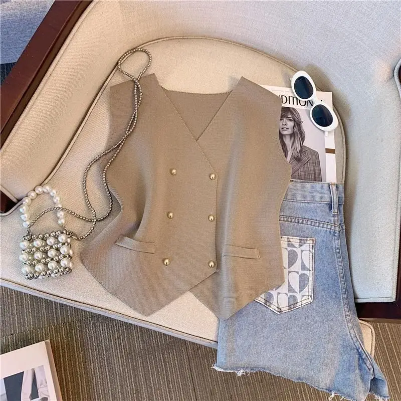 سترة تويد للنساء مزدوجة الصدر ورقبة على شكل V مستوحاة للخريف بطبقة أنيقة مصممة أوروبية بدون أكمام #5