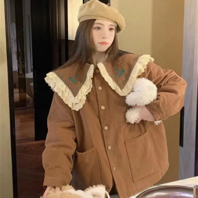 Mori Girl Style Vintage Sweet Winter Jackets Double Layer Doll Collar Lace Edge Embroidery Loose Casual Women Coats Chic Outwear