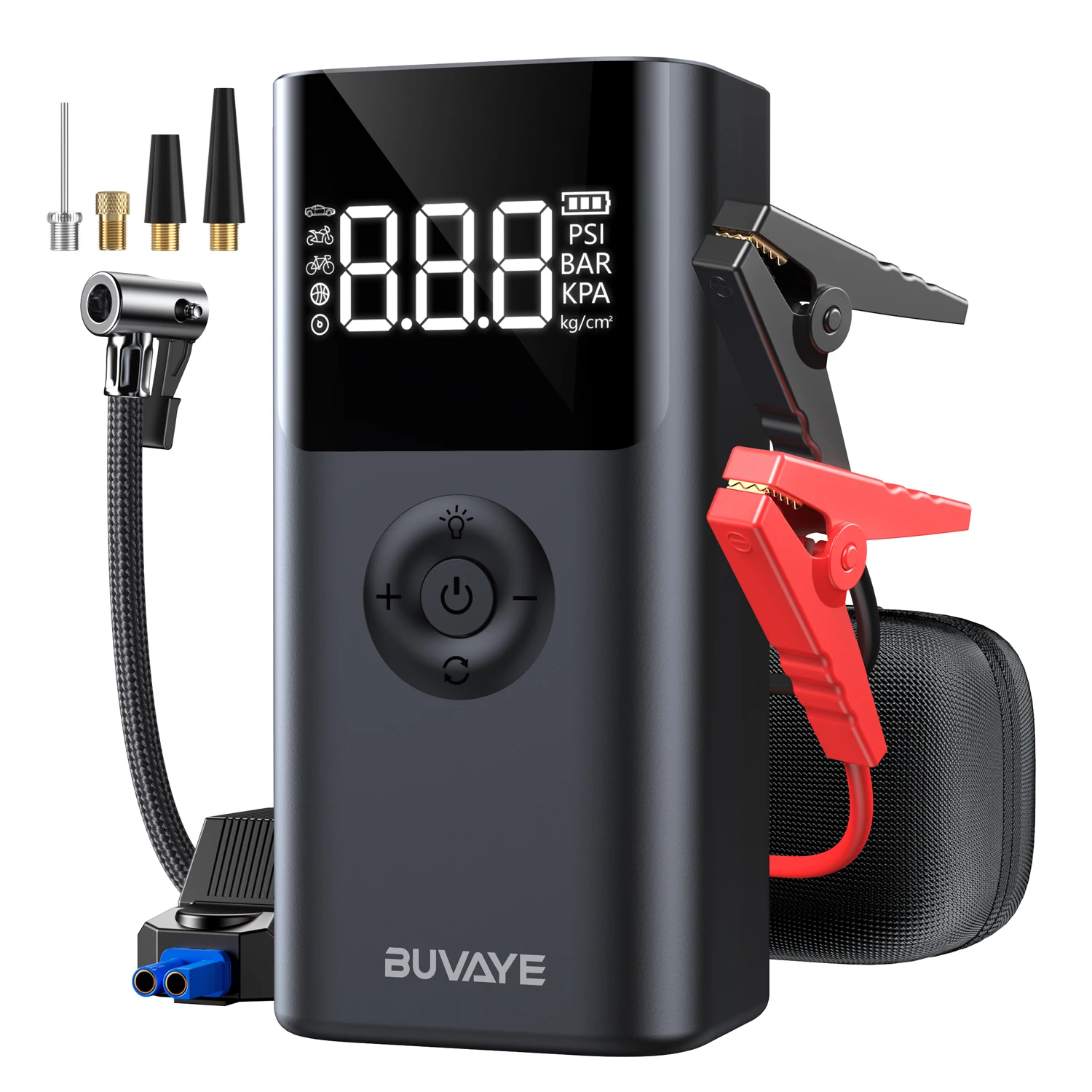 

BUVAYE Car Jump Starter with Air Pump Multi-Function 4 IN 1 Jump Starter Power Bank Tire Inflator Air Compressor 150PSI/2000A