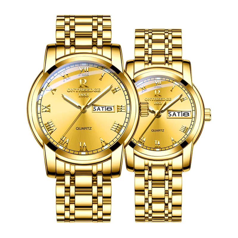 Luxury Gold Quartz Couple Watches for Men Women Stainless Steel Waterproof Luminous Week Date Lover\'s Watches Fashion Wristwatch