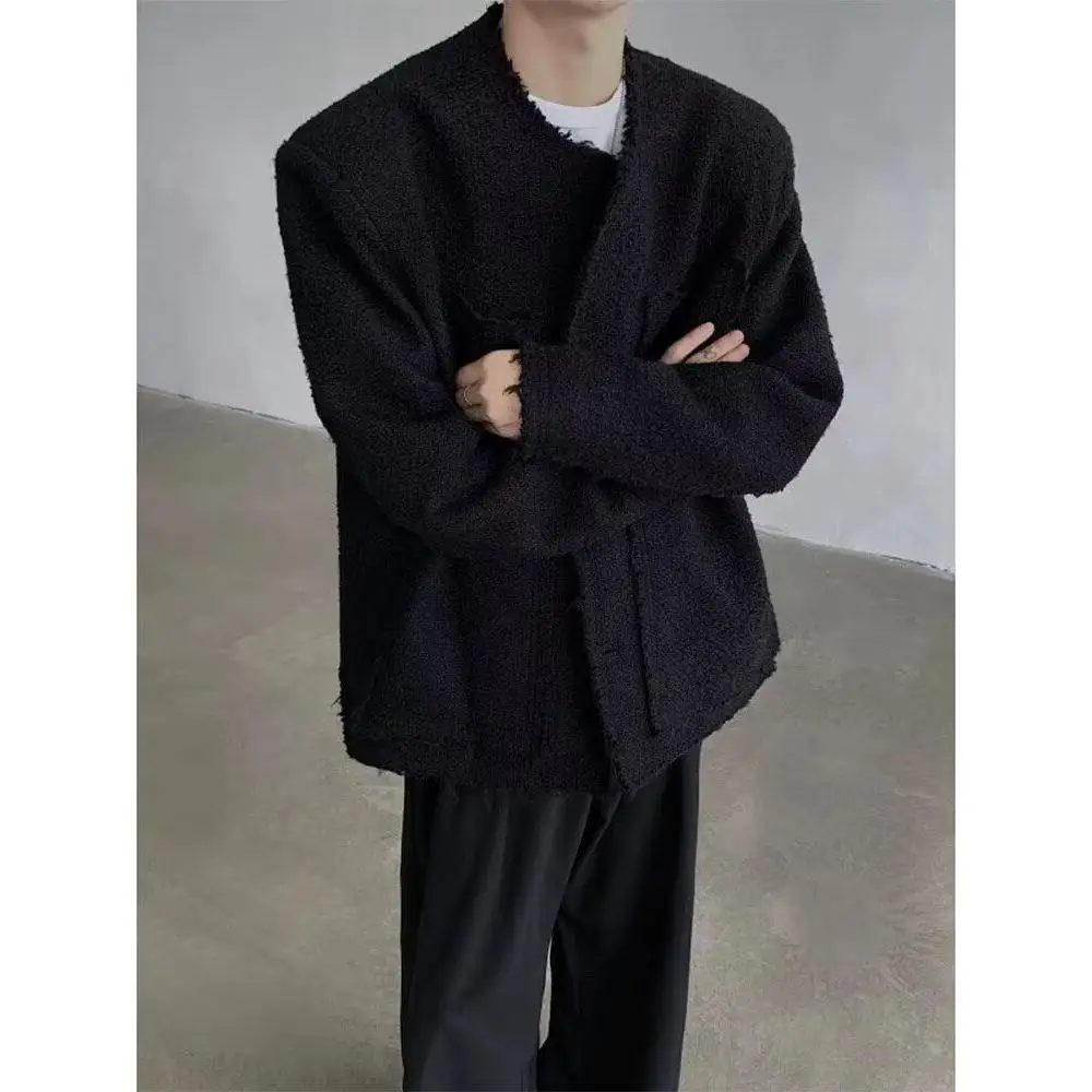 

Retro Autumn Winter Woolen Jaet Men's Pad oulder CleanFit Small Fraance Sle Coat Thiened Polyester Fabric Jaet