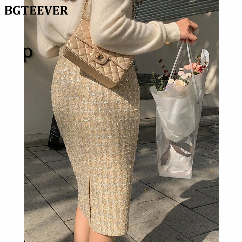 BGTEEVER Stylish High Waist Package Hip Sequins Skirts Autumn Elegant Slim Ladies Midi Skirts