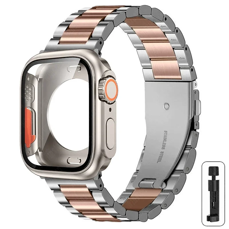 Armband + Gehäuse für Apple Watch Band 46 mm 42 mm 44 mm 45 mm 41 mm Vollständige Abdeckung Metall-Edelstahlband Iwatch Serie 11 10 9 8 7 6 SE 5