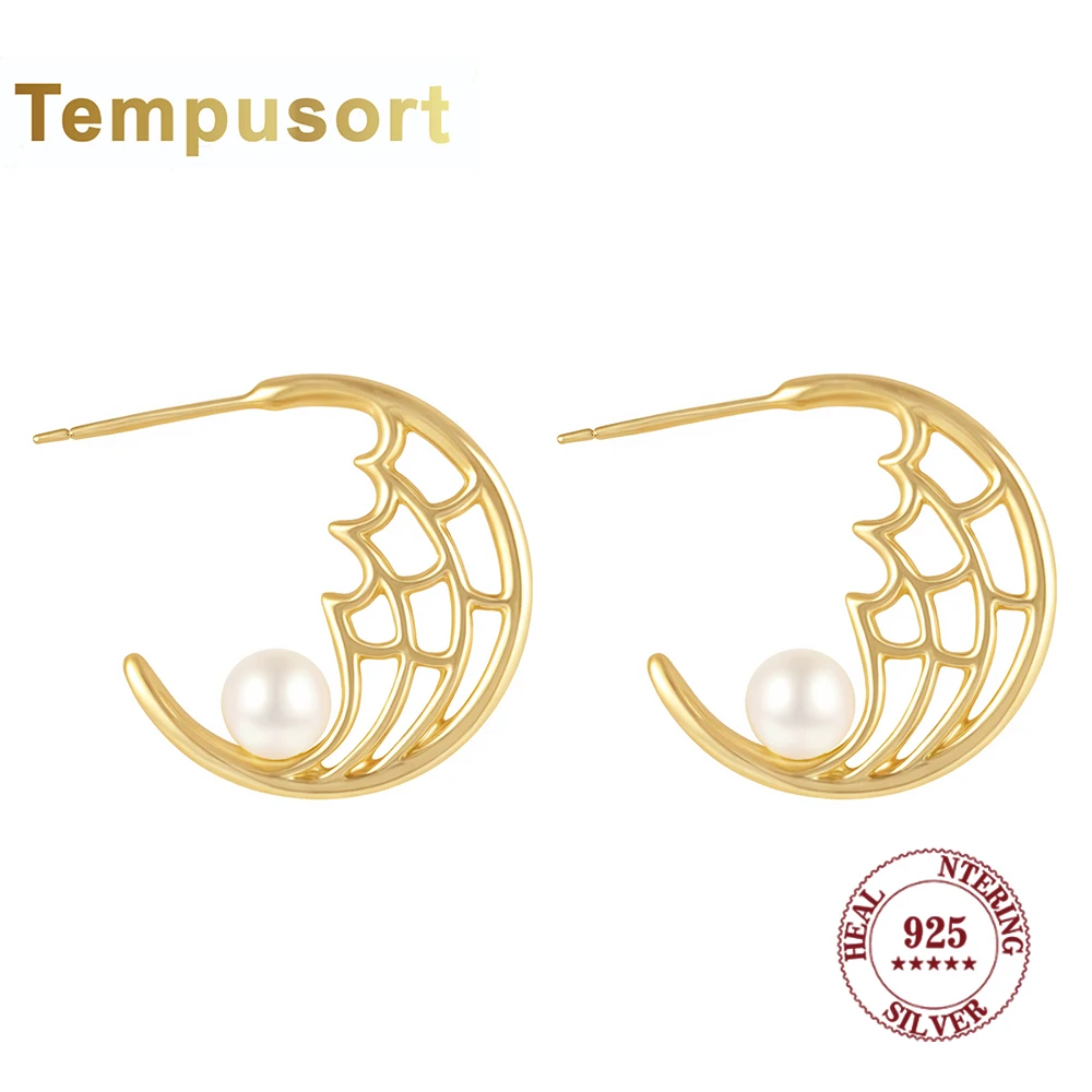 

Tempusort из стерлингового серебра 925 пробы с пресноводным жемчугом, изысканные серьги-кольца с полым волнистым дизайном, элегантные украшения для женщин