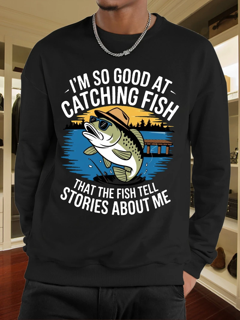 

2025 Autumn and Winter Round-neck Hoodie Mens Funny Fishing Graphic Long Sleeve Im Good Is for Both Men and Women Top