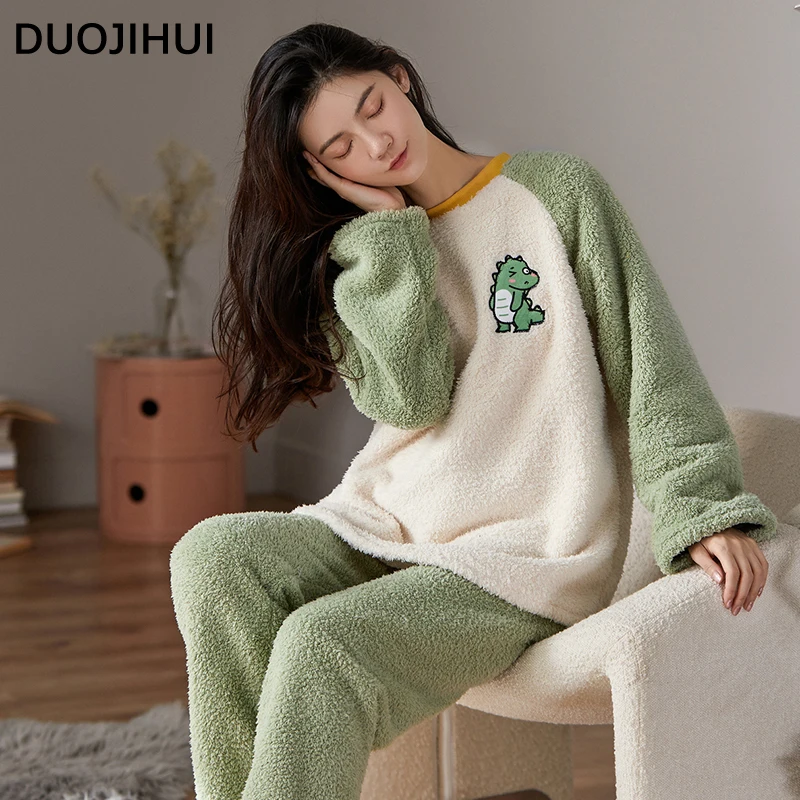 DUOJIHUI-Conjunto de pijama feminino de duas peças, pijama estampado casual e solto, simples e elegante, cor de contraste, 4 cores, inverno