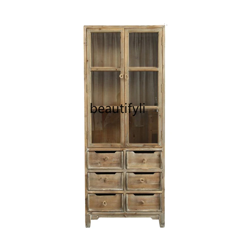 

American Country Retro Solid Wood Display Cabinet Made of Glass Living Room Sideboard Floor Storage High Cabinet Distressed