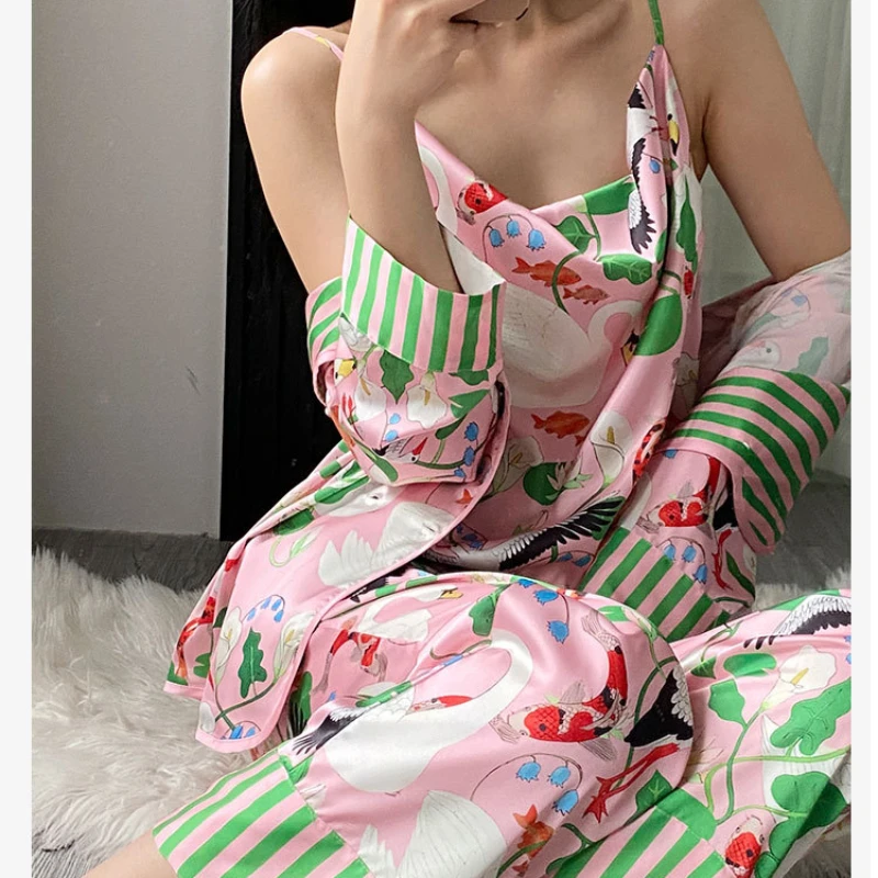 2024 Pink Printed Cartoon Spliced 5-Piece Ice Silk Pajamas Women Spring/Summer Loose Top+Suspended Skirt+Pants Set Home Clothes