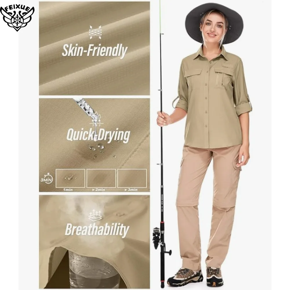 Womens Fishing Shirts UV Block Quick Dry Long Sleeve Cargo Shirts Breathable Mesh Outdoor Trekking Hiking Shirt Shirts & Blouses