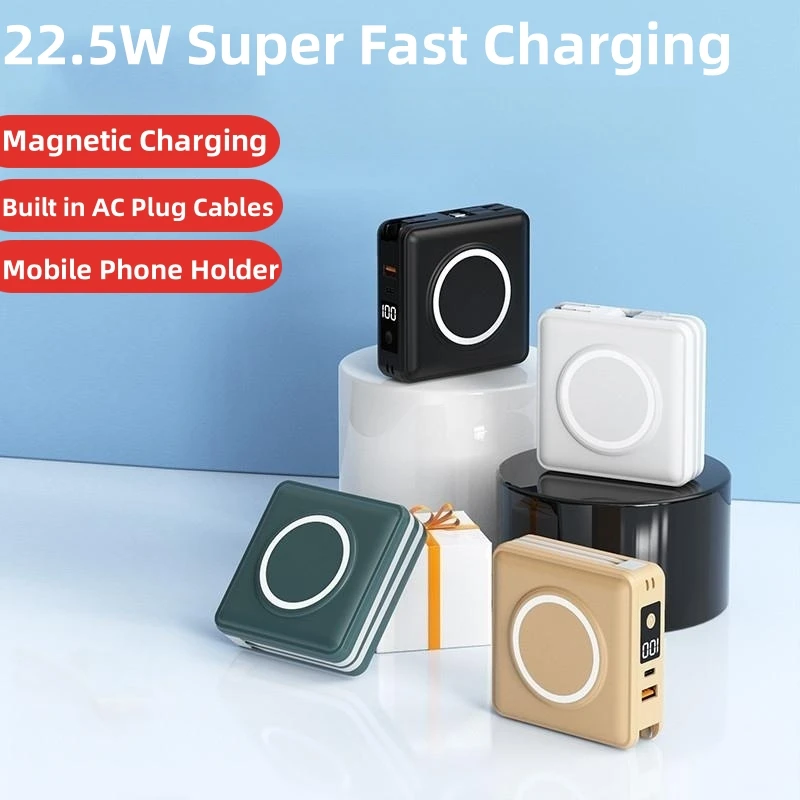 6 in 1 15000mAh Magnetic Wireless Power Bank Wall Charger for iPhone X Xiaomi Samsung 22.5W Fast Charging with AC Plug Powerbank