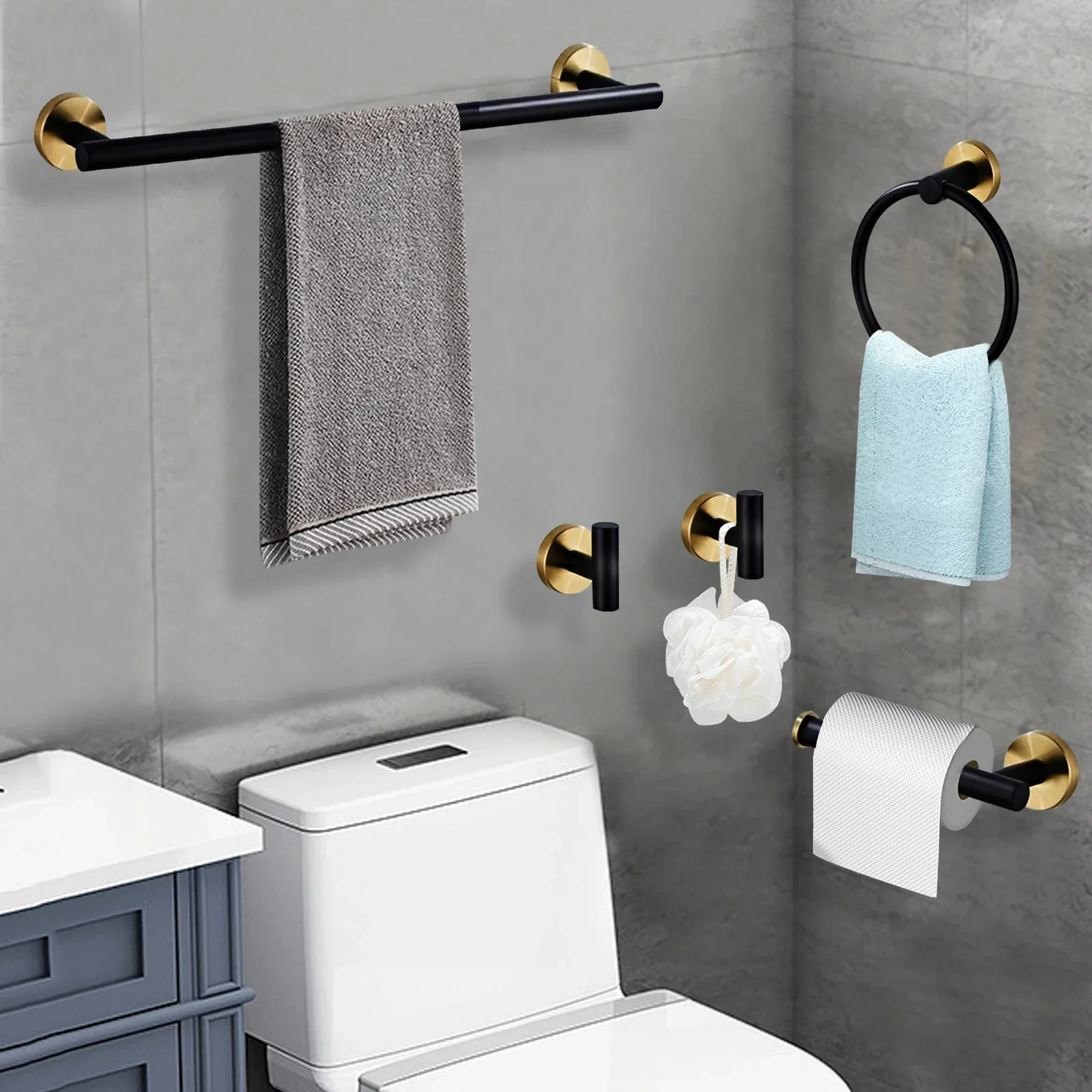 

Modern 5-Piece Black Gold Towel Bar Set - Wall Mounted Stainless Steel Bathroom Hardware for Home, Hotel, Spa Bathrooms