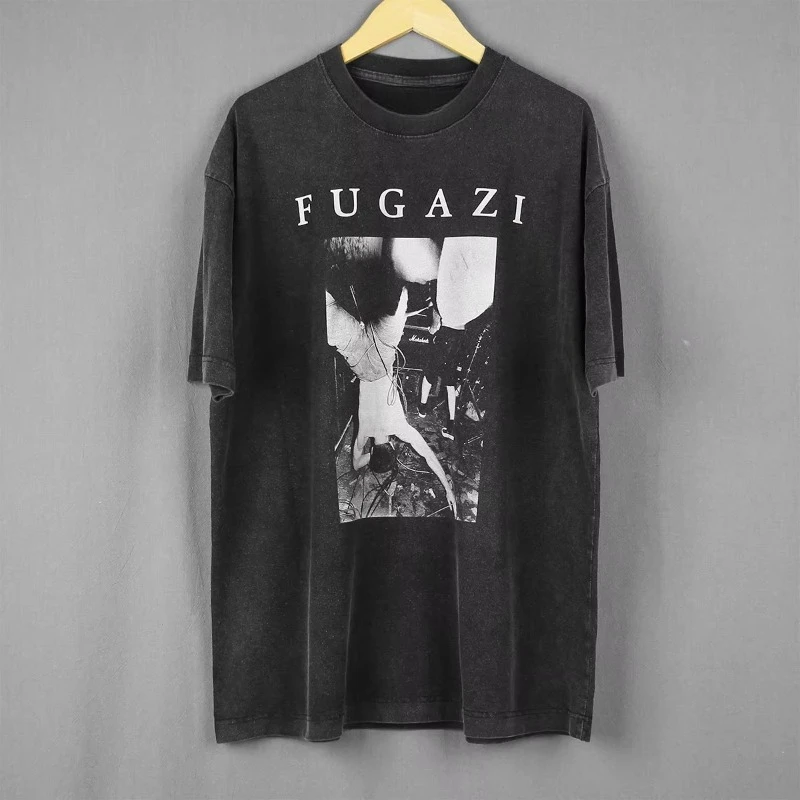 Image of Sommerliches weißes Baumwoll-Herrenhemd mit Aufdruck Fugazi Fugazi T-Shirt Alternative Rock Hardcore Punk Band Slight Threat Militia Cool