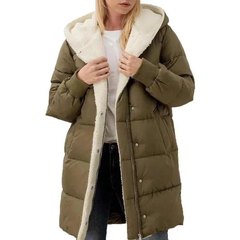 Women Winter Solid Color Hooded Cotton Jacket Long Sleeve Double-Sided Velvet Slim Fit Cardigan Coat Top Parka