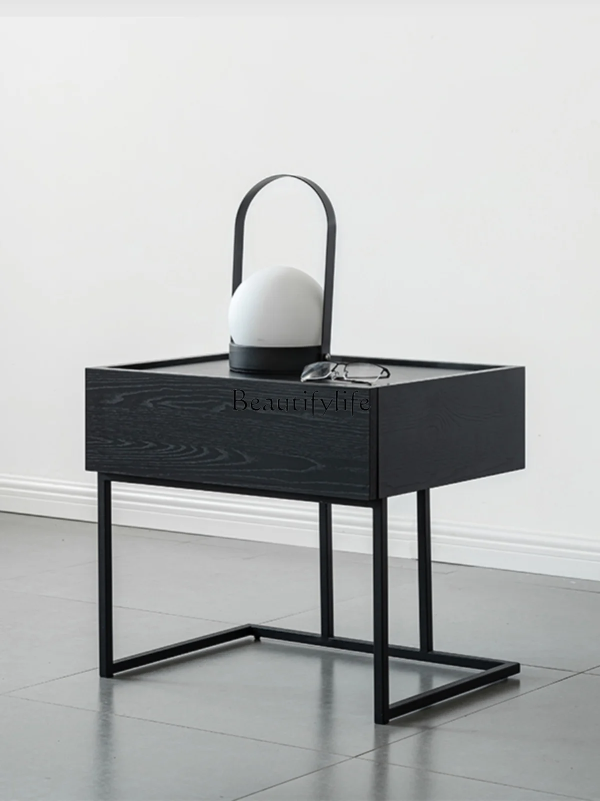 

Italian Minimalist Bedside Table Modern Simple and Light Luxury Nordic Minimalist Black Oak Locker