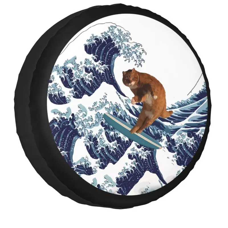 Funny Cat Surfing The Great Wave Off Kanagawa Spare Wheel Cover Fit for Jeep Hummer 4WD RV Tire Protector 14