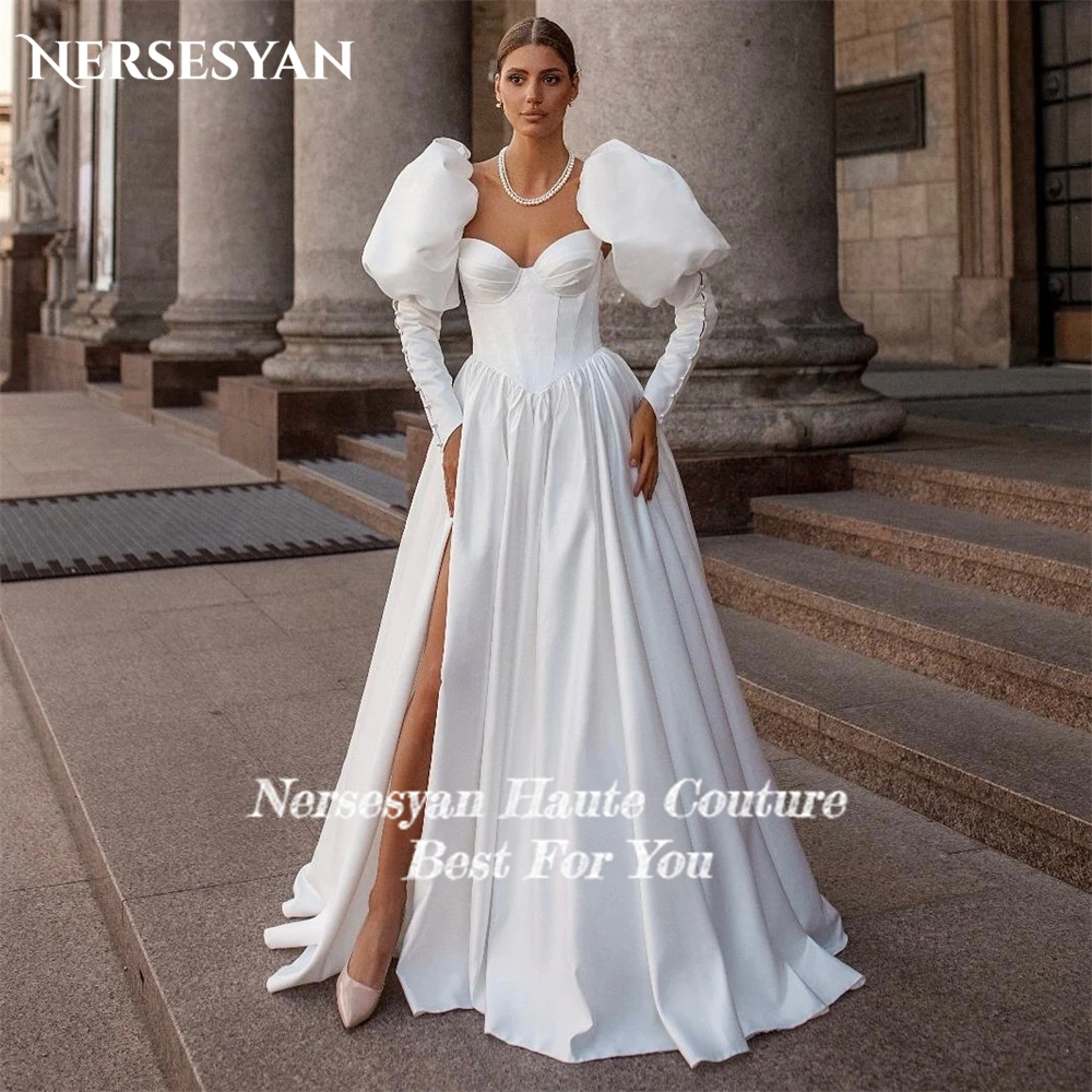 Nersesyan Vintage Satin Wedding Dresses Puff Sleeves Side Slit A Line Bridal Gowns Off Shoulder Princess Bride Dress Customized