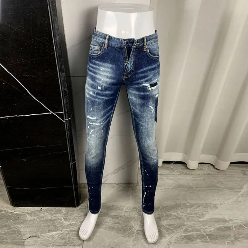 

Street Fashion Men Jeans Retro Washed Blue Stretch Slim Fit Ripped Jeans Men Painted Designer Hip Hop Brand Denim Pants Hombre