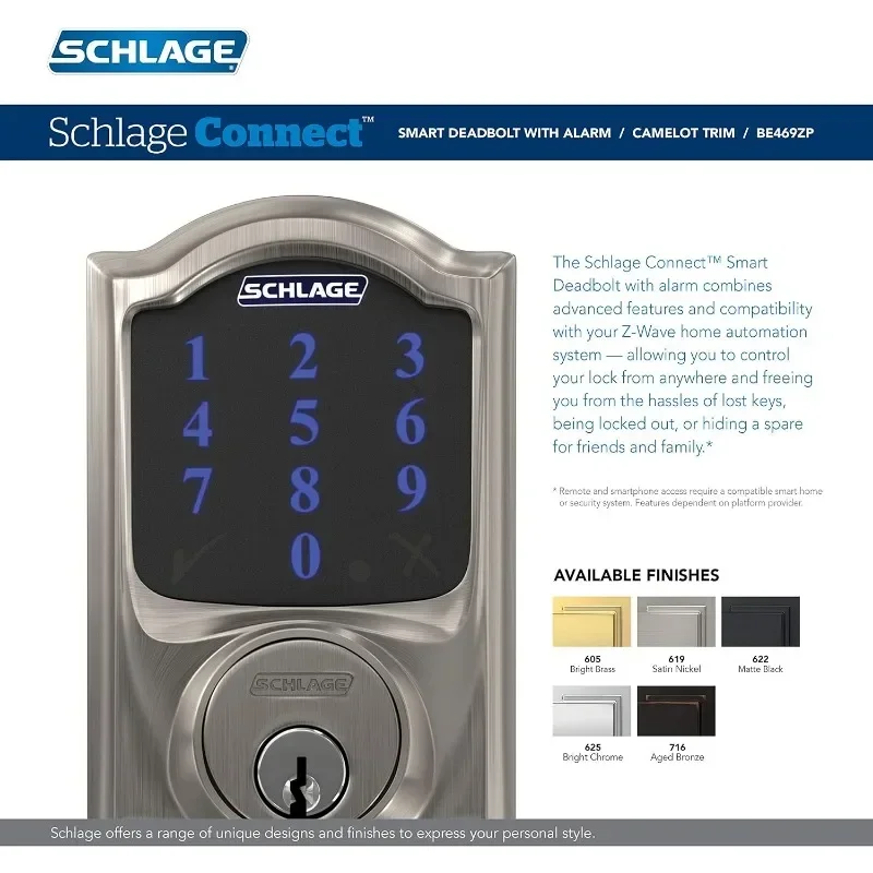 ضمان الأصالة.SCHLAGE BE469ZP CAM 619 قم بتوصيل Smart Deadbolt مع إنذار مع حواف Camelot من النيكل الساتان، Z-Wave Plus #3