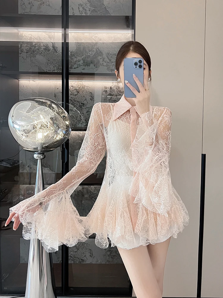 

Ele Lace Petal Bell Sve irt High Waist Slimming orts Sexy Two Piece Set Women's Faionable Lady Sle Summer Outfit