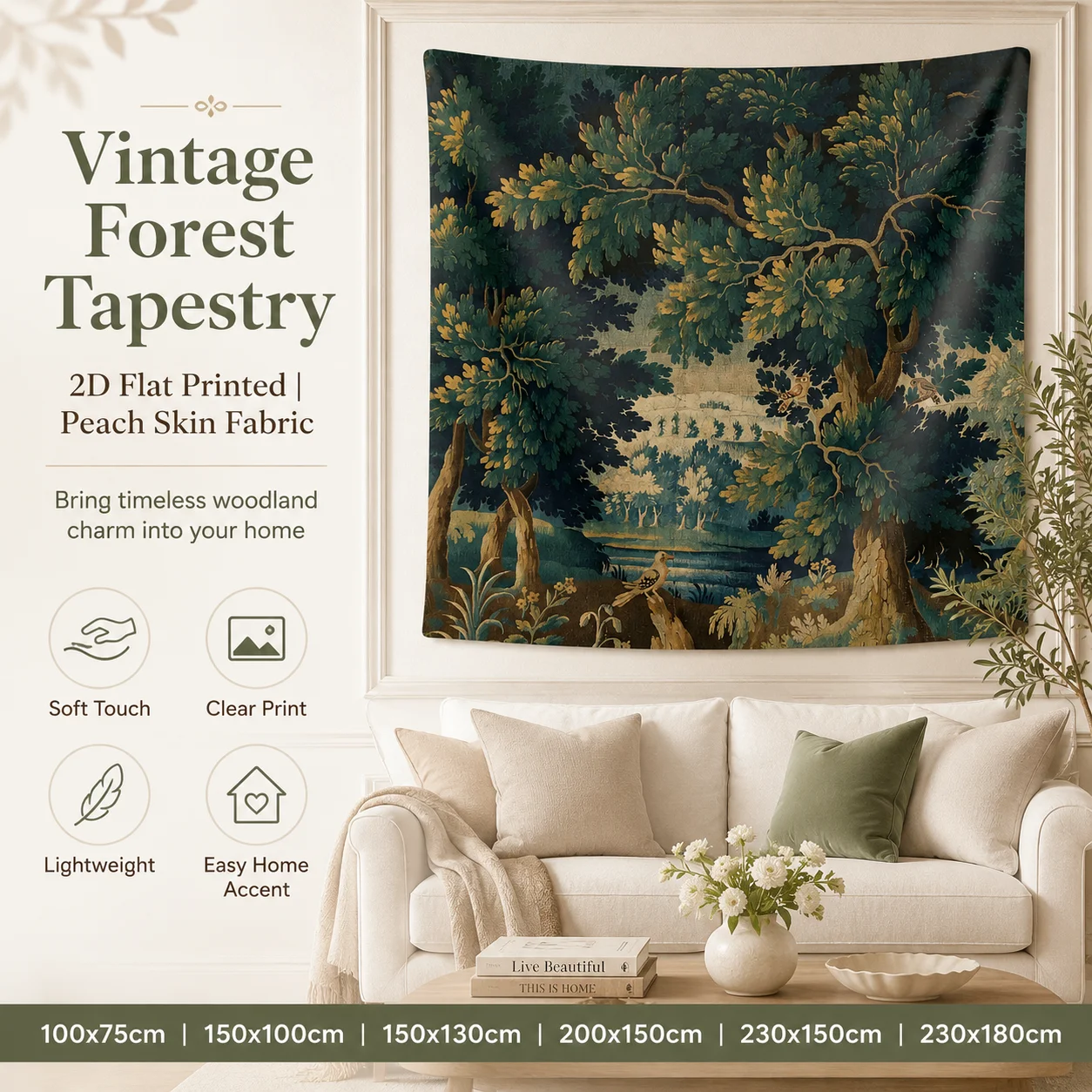 

Vintage Forest Tapestry 2D Flat Printed Peach Skin Wall Hanging Antique Tree Landscape Backdrop for Living Room Home Decor