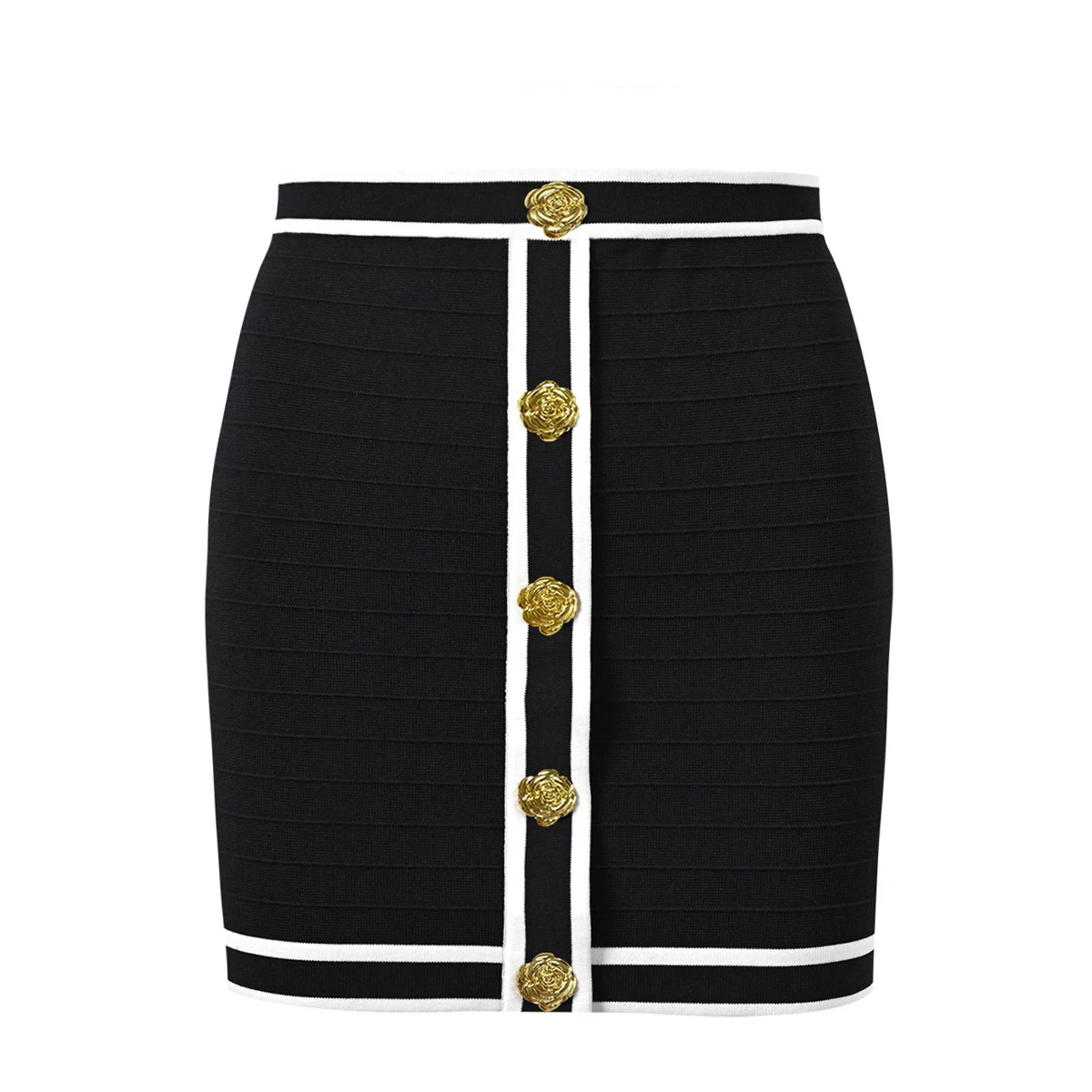 

SML Three Colors High Quality Elastic Knitted Fabric Flower Button Single breasted Stripe Slim Fit Fashion Women's Short Skirt