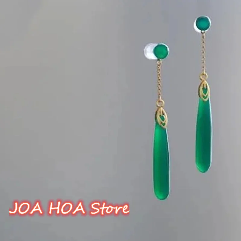 Original New Silver Inlaid Natural Green Chalcedony Geometric Earrings Retro Design Charm Ladies Jewelry
