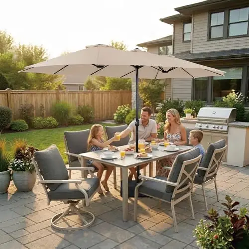 15FT Extra Large Patio Umbrella with Base Included, Heavy Duty Rectangle Outdoor Double-Sided Market Umbrella with 12