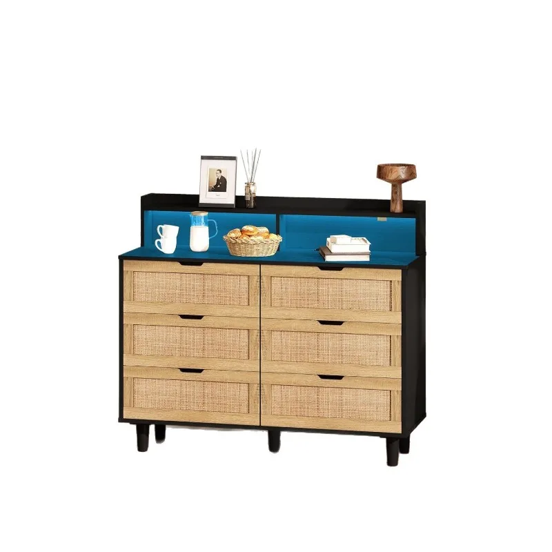 LED variable light six drawers with open storage rattan chest
