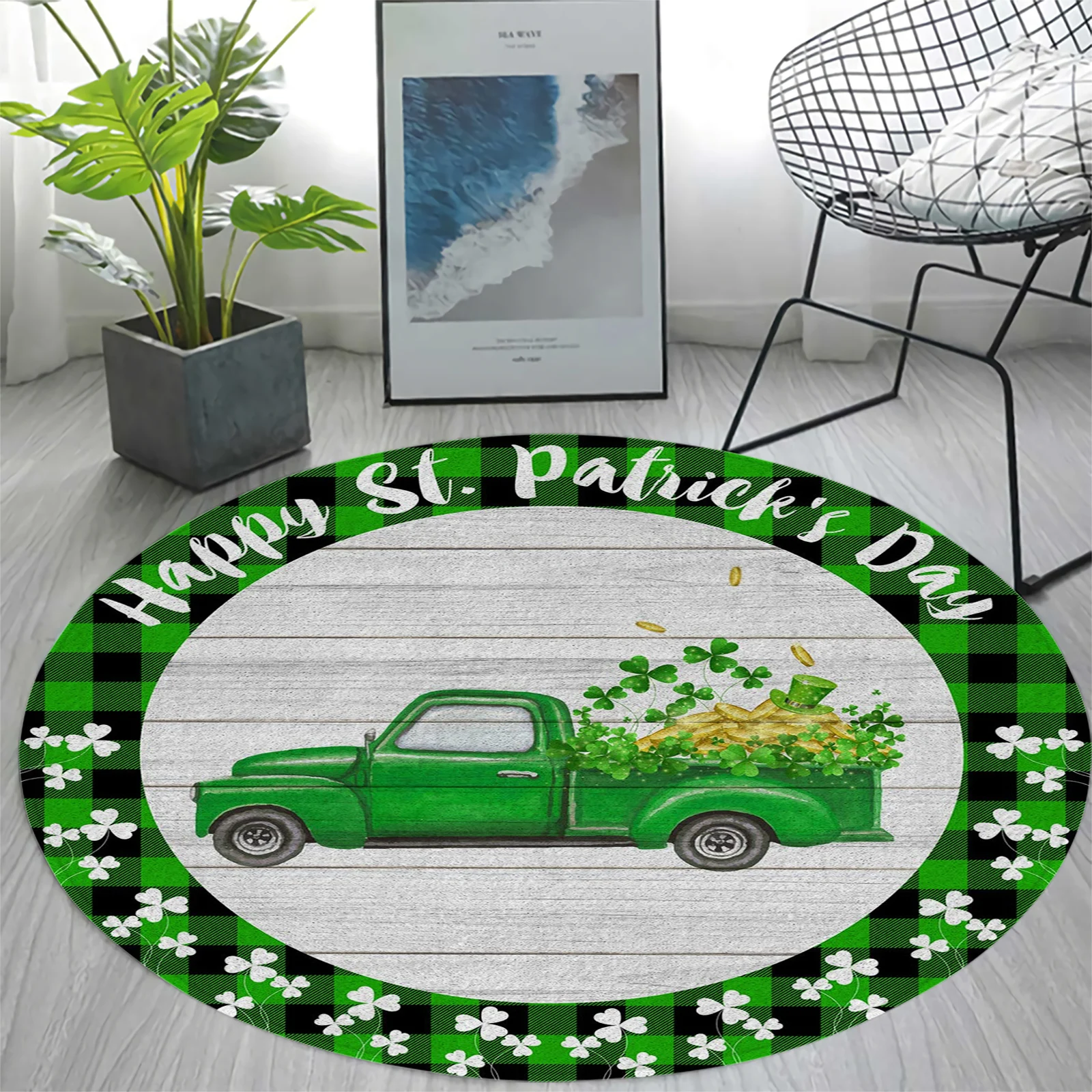 HX Happy St. Patricks Day Round Rug Black Green Plaid Truck Clover 3D Printed Carpets for Living Room Flannel Floor Mats 80cm