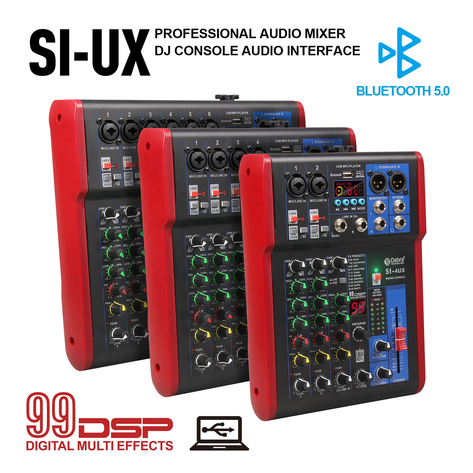 4/6/8 Channel 99DSP Digital Effect Mixer DJ Console Audio Interface Bluetooth 5.0 48V USB Recording Controller