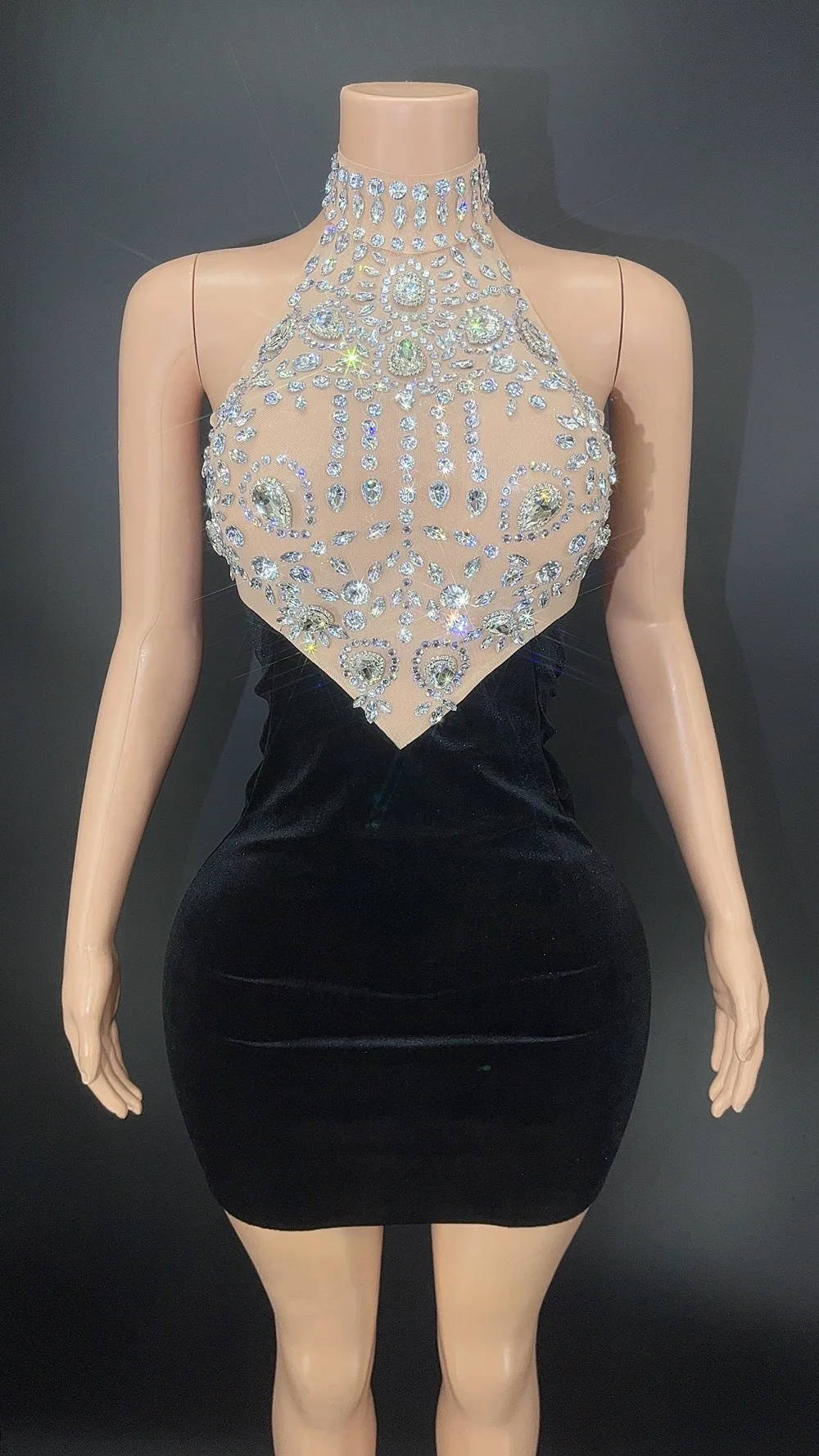 เซ็กซี่กํามะหยี่แน่นBacklessถุงมือRhinestone SparkleชุดกระโปรงRobe Femme Chic Et Élégante Vestidos De Festa Glamorousชุด