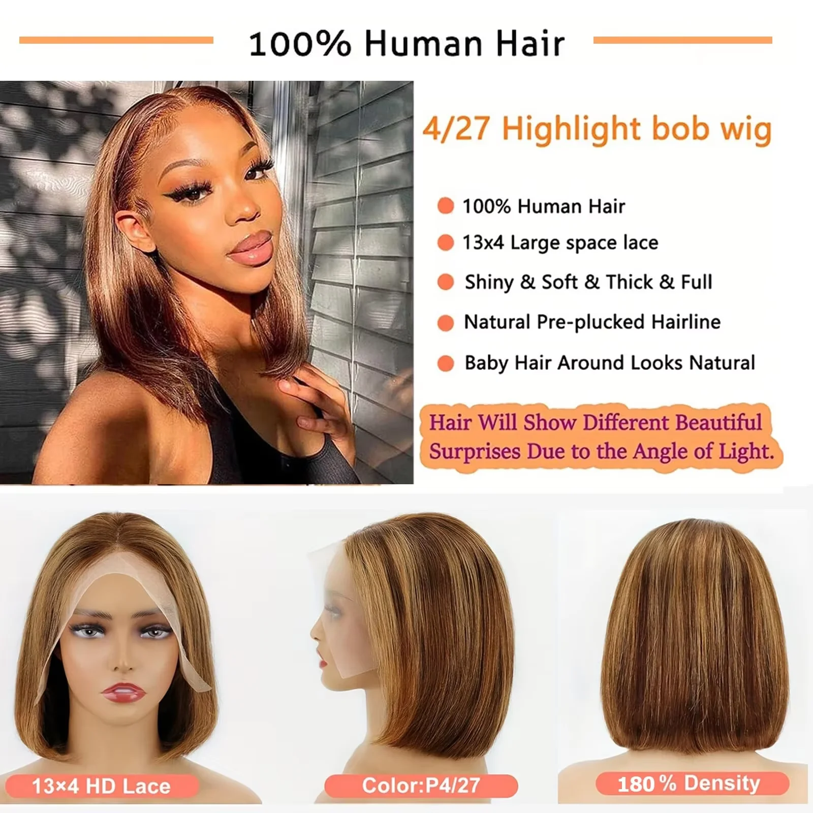 200 Density Highlight 4/27 Short Bob Human Hair Wigs 14 Inch 13x4 Transparent Lace Front Wig 100% Brazilian Human Hair For Women