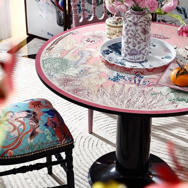 

Small apartment Chinese retro round dining table art living room home dining table French painted leisure table 1 meter