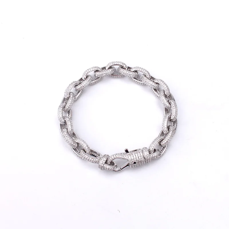 11.5mm Hip Hop AAA Cubic Zirconia Paved Spring Button Bling Iced Out O Shape Link Chain Bangle Bracelet for Men Rapper Jewelry