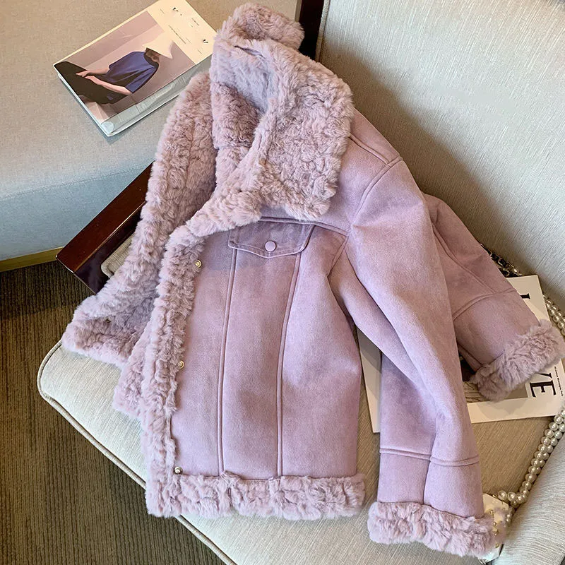 Lucyever Purple Lamb Wool Jacket for Woman 2023 Autumn Winter New Thick Warm Short Jacket Female Korean Style Plush Lapel Coat