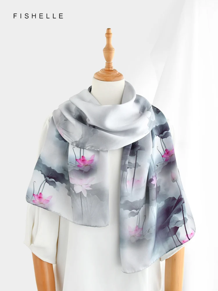 Chinese style lotus100% natural silk long scarf bandana hijab shawl luxury gift head scarves women wrap high quality neckerchief