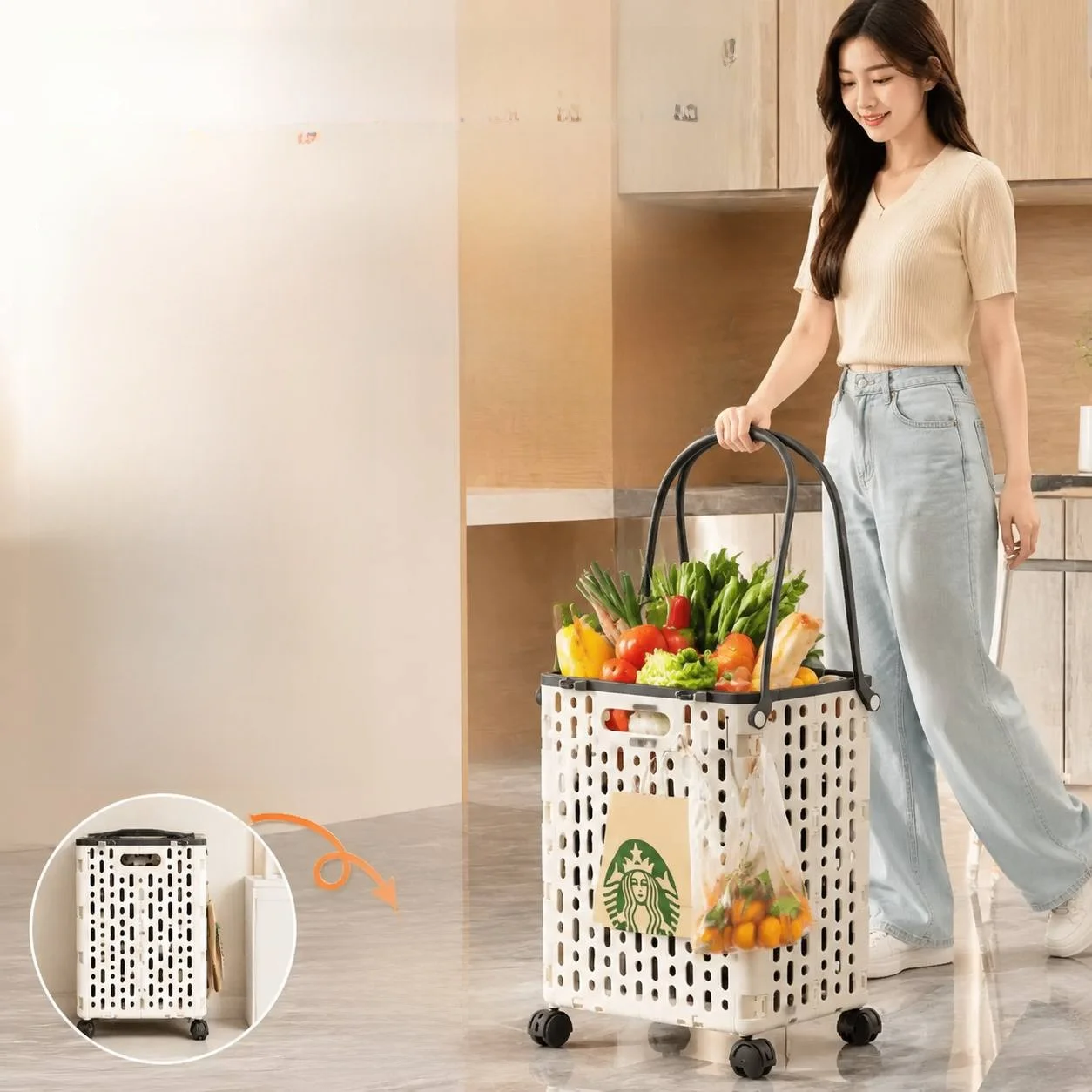 ポータブル軽量ショッピングカート積み重ね可能な野菜購入用手押しカート若者向け家庭用収納ユーティリティカート